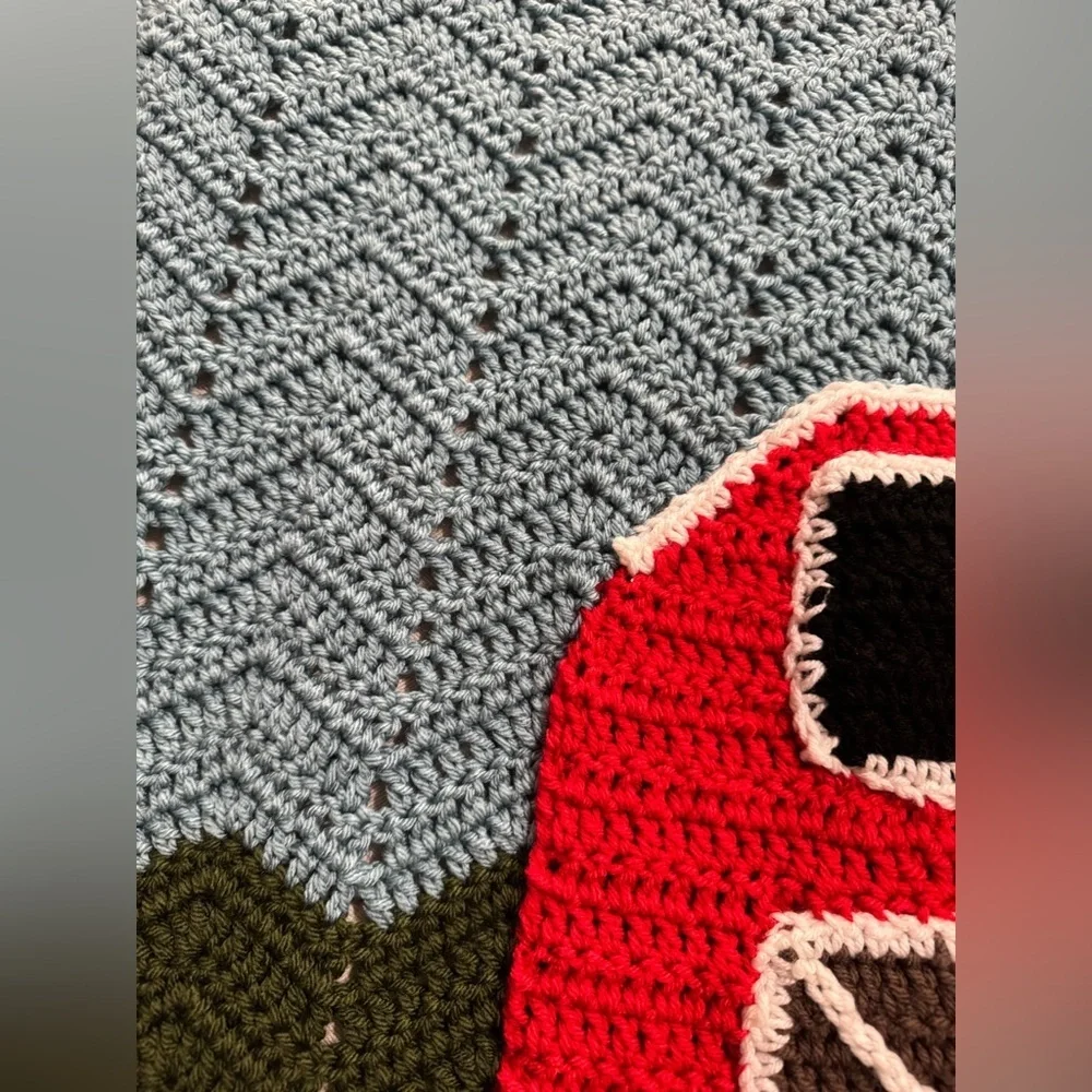 Farm Themed Crochet Blanket featuring a barn, chicken, tractor and hay bale